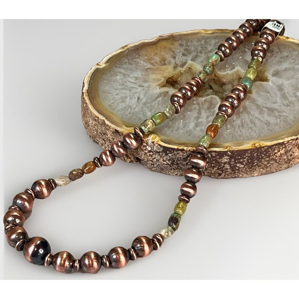 Royston Turquoise Oxidized Copper Desert Pearl 16” Southwestern Beaded Necklace - Picture 7 of 13